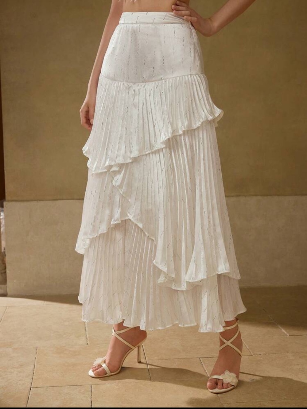 White Tiered Ruffle Pleated Maxi Skirt - Women